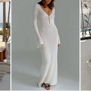 Women's Cream Crochet Long-Sleeve Swim Cover Dress